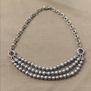 Judith Ripka sterling silver amethyst necklace w/gray cultured pearls
